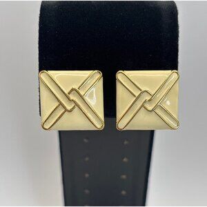 Monet Vintage Square Cream Enamel Gold Tone Clip On Art Deco Earrings Signed